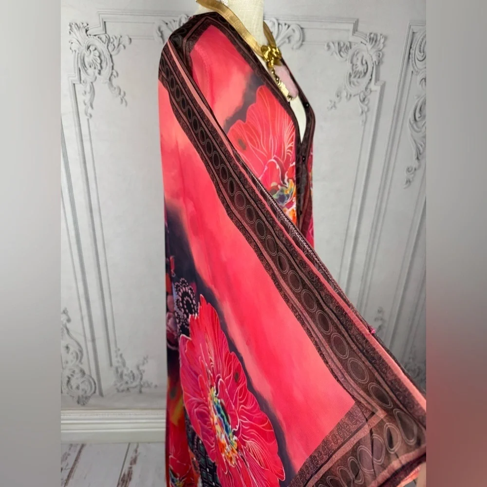 Elegant Floral Print Kaftan Oversized Maxi Kimono Tunic Poncho Coverup - Picture 8 of 14